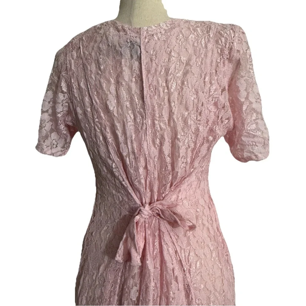 VTG Nostalgia Maxi Gauzy Lace Dress sz M Pink Short Sleeve Flowy Fairy Boho - Picture 4 of 7